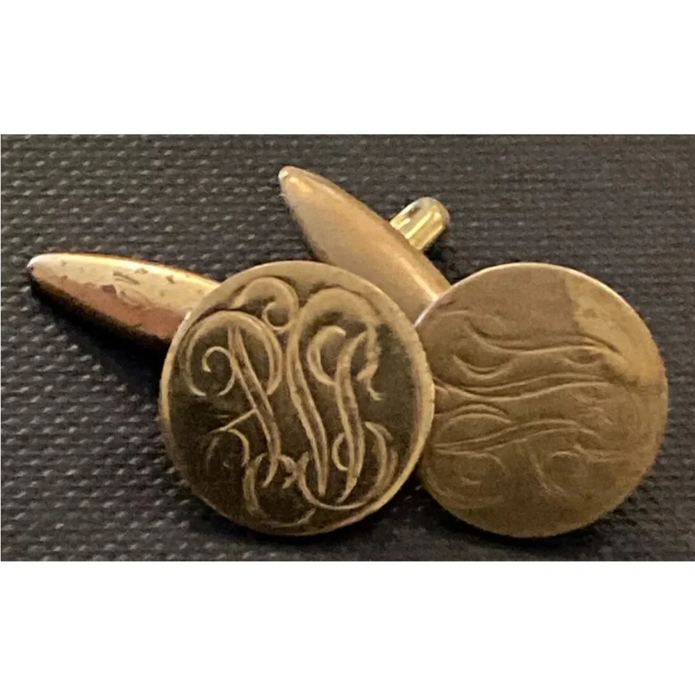 Vintage Art Deco Engraved Cufflinks Bronze Plate Gold Color Estate